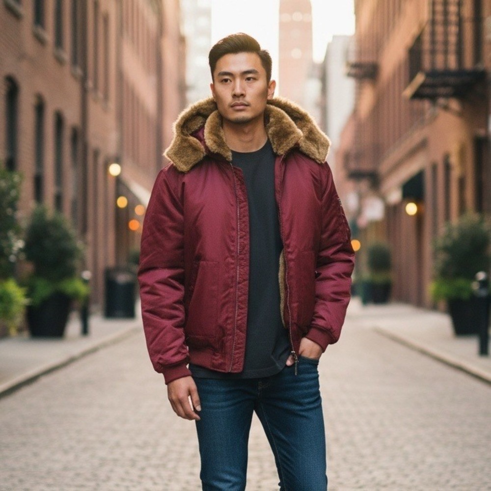 Vintage Sean John Mens XXL Chili Red Military Bomber Jacket Faux Fur Hood‎ NEW